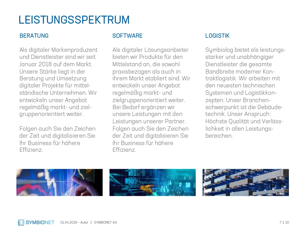 inhaltsseite mit leistungspektrum motiven des powerpoint präsentationsmasters im corporate design des schweizer it software unternehmens