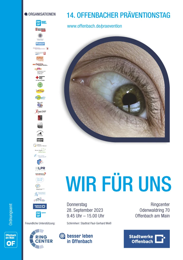 veranstaltungsplakat mit motiv auge für das präventionsprojekt der stadt gegen gewalt