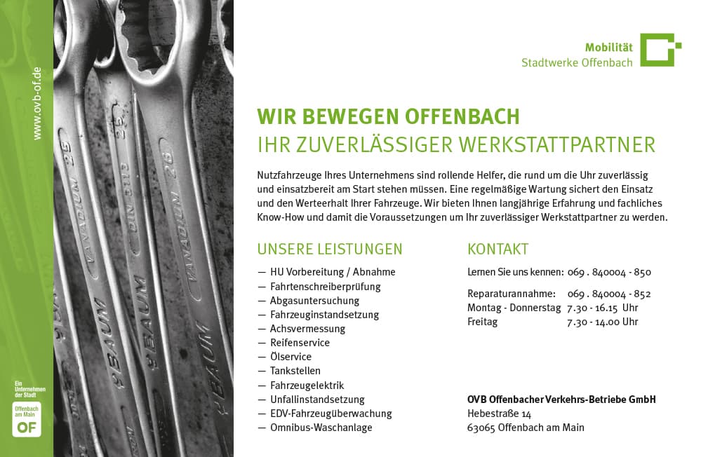 anzeigengestaltung für die kompetenzmarke mobilität der stadtwerke mit schraubschlüsseln in werkstatt
